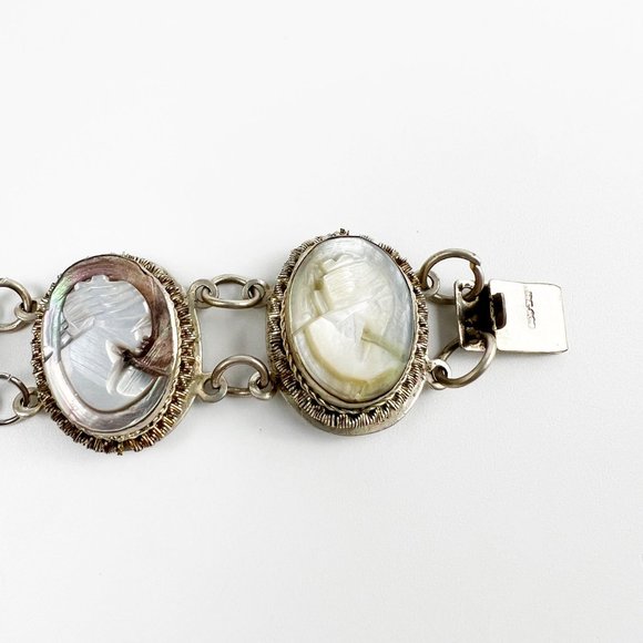 Vintage Silver Abalone Shell Cameo Set Bracelet Earrings Pendant Parure - Picture 8 of 12